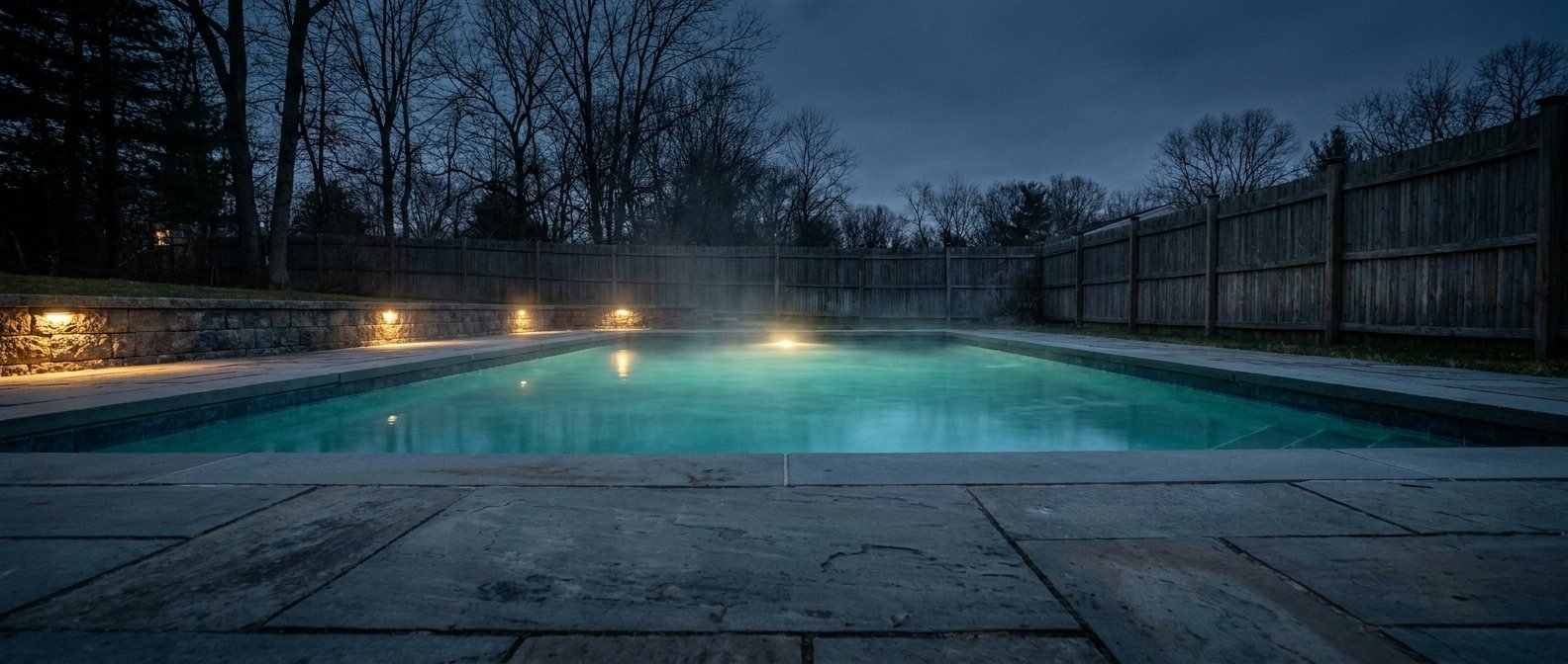North Jersey backyard pool at dusk, 2027 wait list