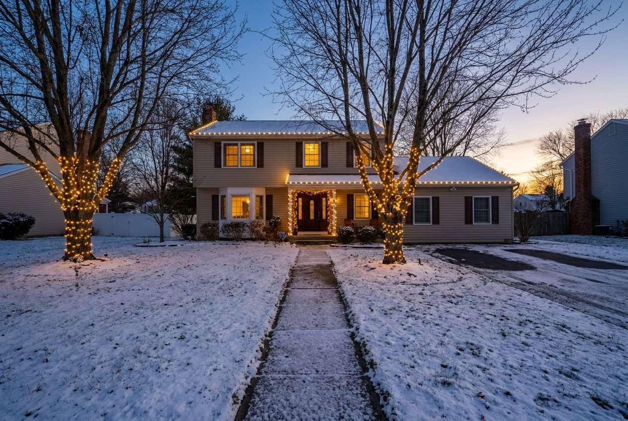 Christmas light installation in Wayne NJ, warm white lights along the roofline of a colonial house