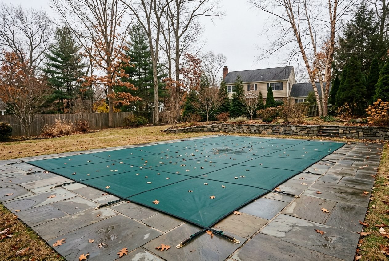 Pool closing cost nj, in ground pool covered and winterized on a bluestone patio in North Jersey