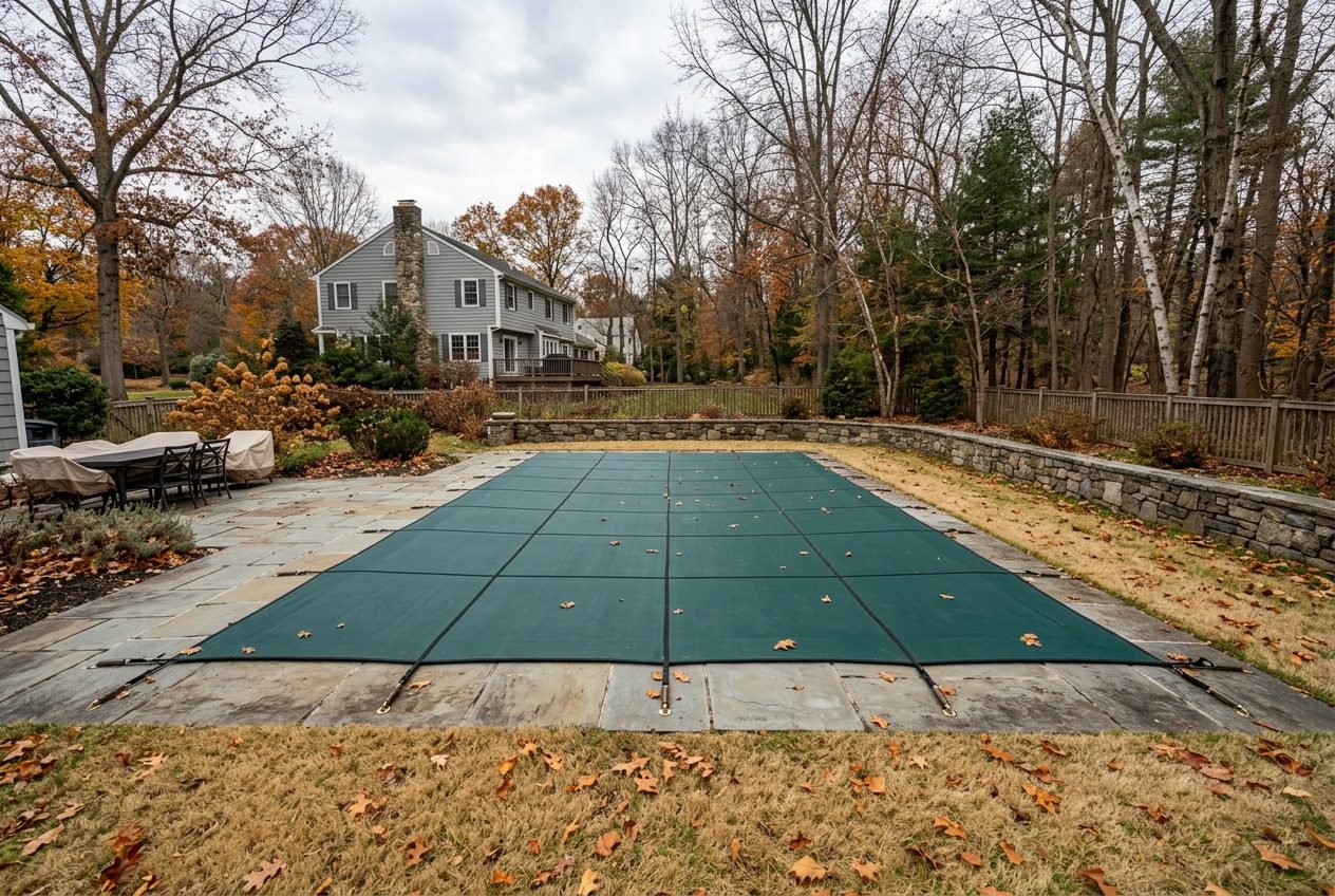 Pool closing in Wayne NJ, in ground pool sealed under a green mesh safety cover for winter