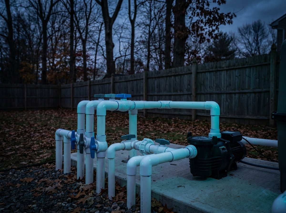 Pool plumbing repair in Wayne NJ, new PVC manifold and valves at an equipment pad