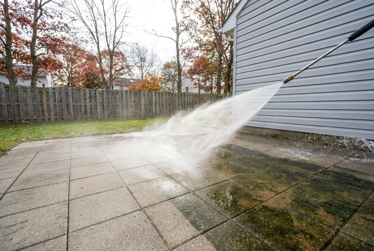 Power washing a paver patio in Wayne NJ, clean strip against algae stained pavers